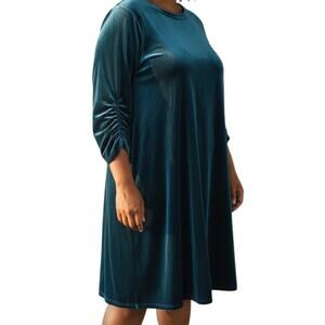 SUSAN GRAVER Women's Plus 2X Velvet Dress Shift Midi Forest Green Ruched Sleeve